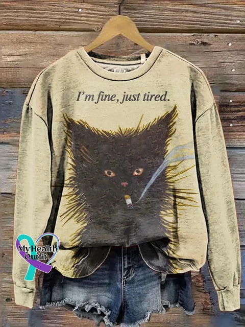 I’m Fine Just Tired Funny Cat Art Print Casual Cotton Sweatshirt Khaki / S