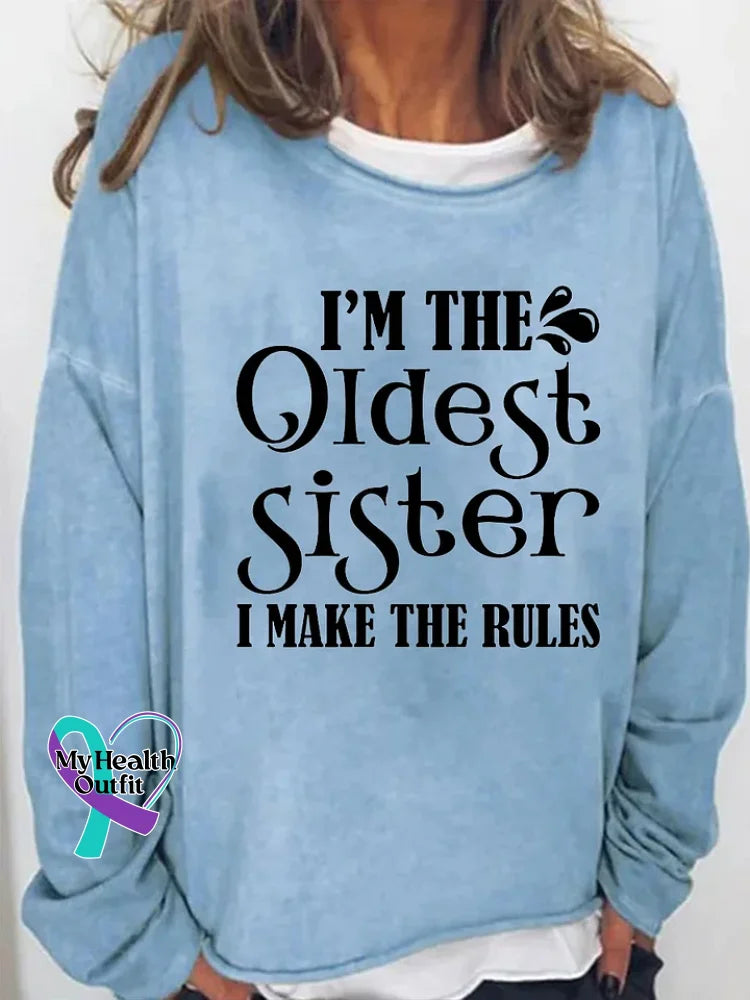 I’m The Oldest Sister Print Long Sleeve Pullover Blue / S