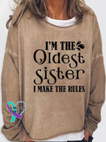 I’m The Oldest Sister Print Long Sleeve Pullover Khaki / S