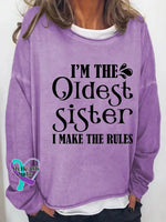 I’m The Oldest Sister Print Long Sleeve Pullover Purple / S