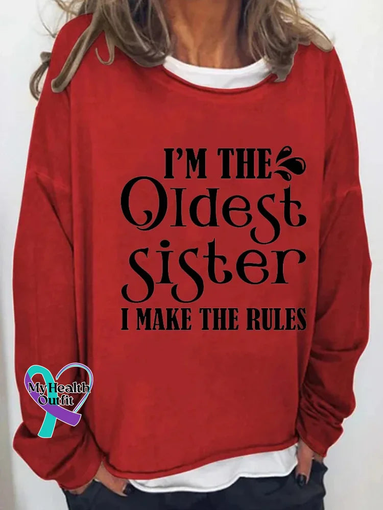 I’m The Oldest Sister Print Long Sleeve Pullover Red / S