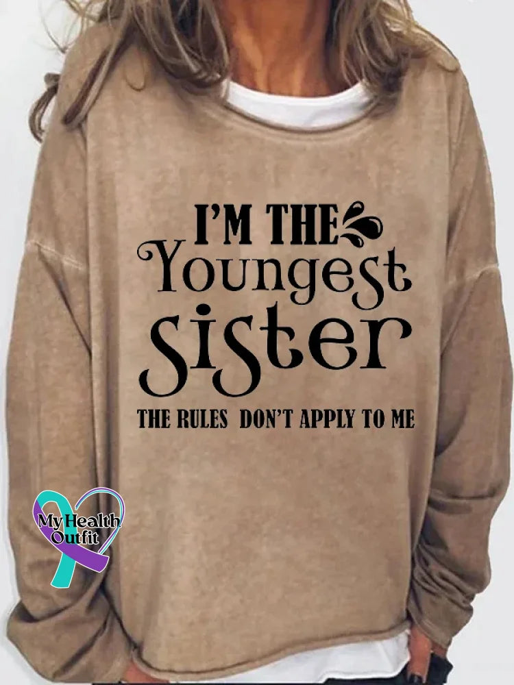 I’m The Youngest Sister Print Long Sleeve Pullover Khaki / S