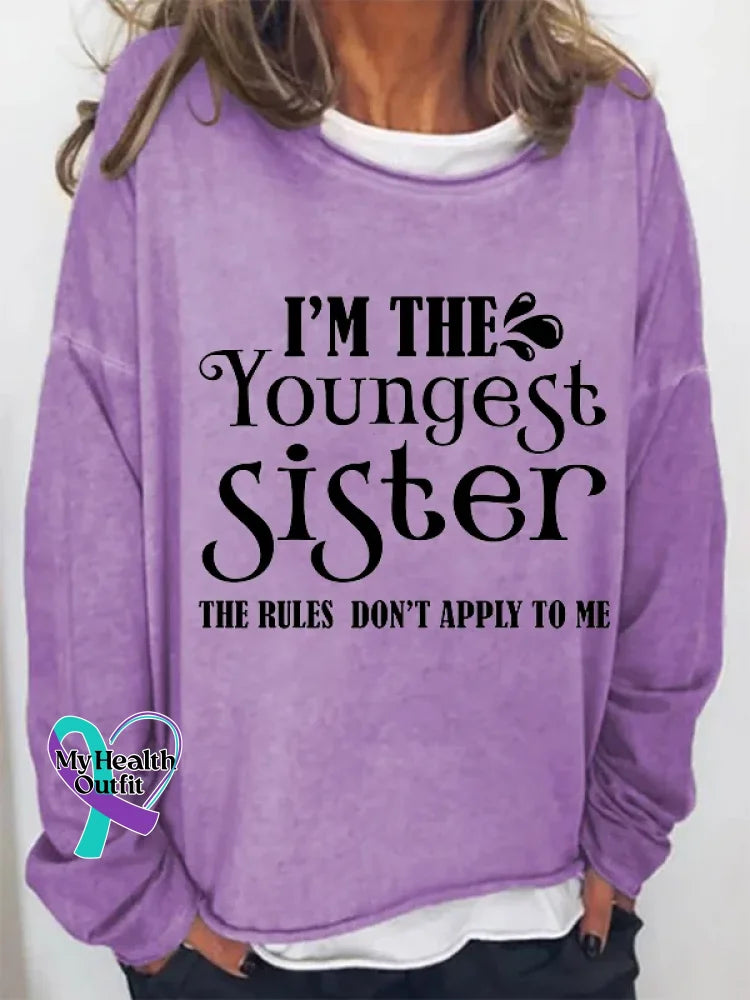 I’m The Youngest Sister Print Long Sleeve Pullover Purple / S