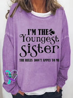 I’m The Youngest Sister Print Long Sleeve Pullover Purple / S