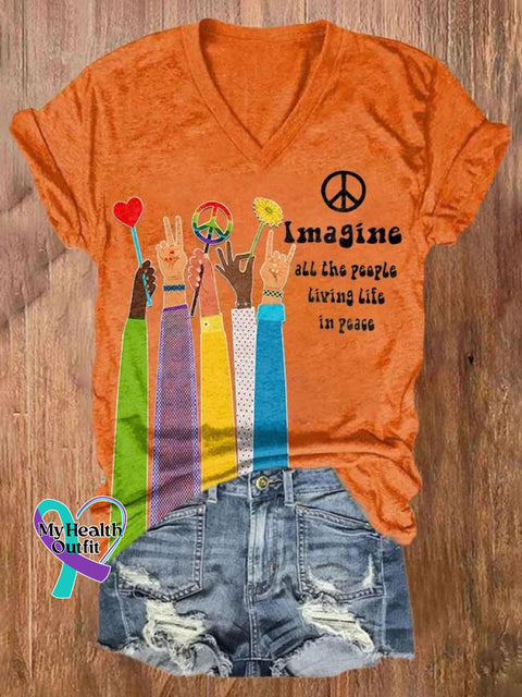 Imagine All The People Living Life In Peace Art Casual T-Shirt Orange / S