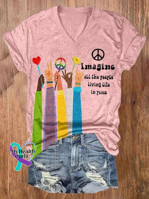 Imagine All The People Living Life In Peace Art Casual T-Shirt Pink / S