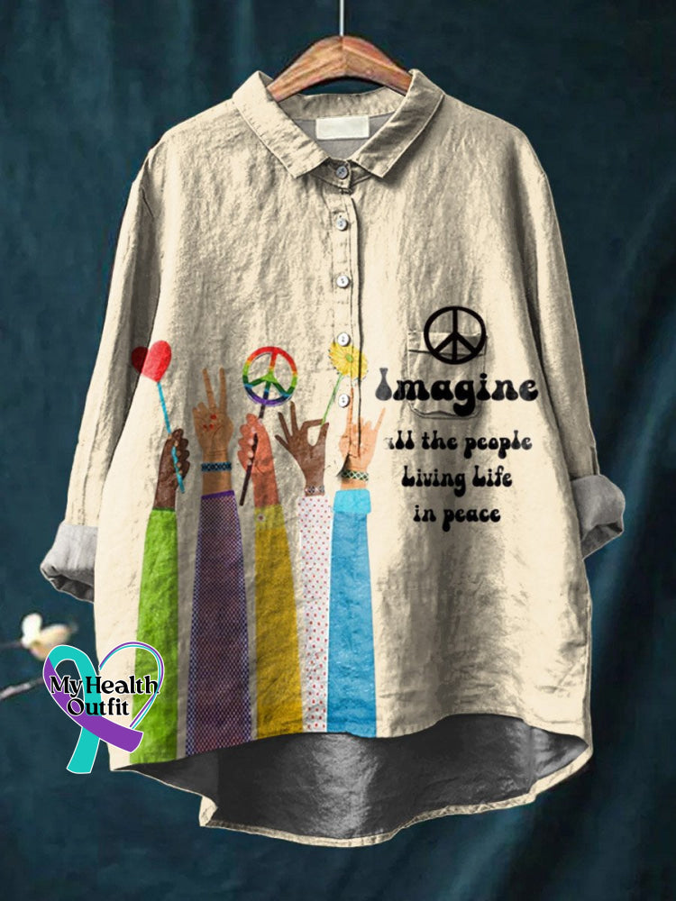 Imagine All The People Living Life In Peace Art Print Casual Cotton And Linen Shirt Sand / S