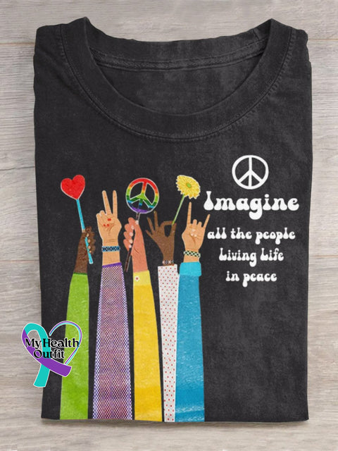 Imagine All The People Living Life In Peace Art Print Casual T-Shirt Black / S