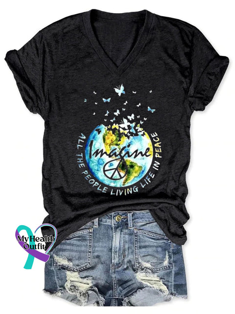 Imagine All The People Living Life In Peace Art Print Casual T-Shirt Black / S