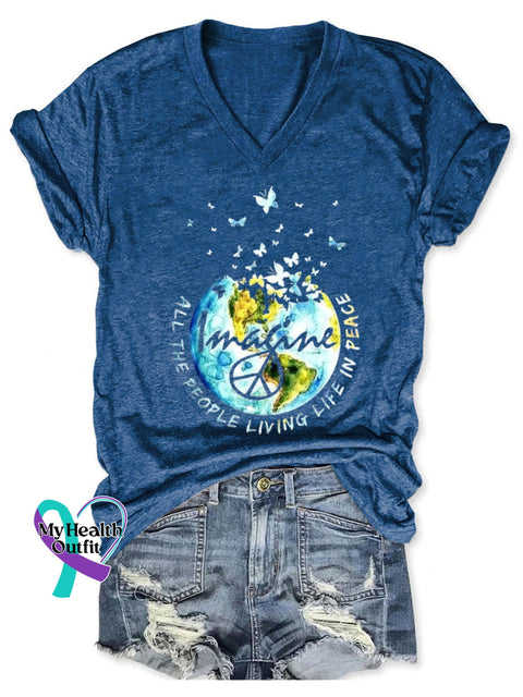 Imagine All The People Living Life In Peace Art Print Casual T-Shirt Blue / S
