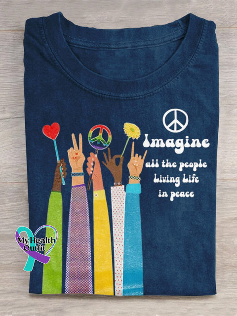 Imagine All The People Living Life In Peace Art Print Casual T-Shirt Blue / S