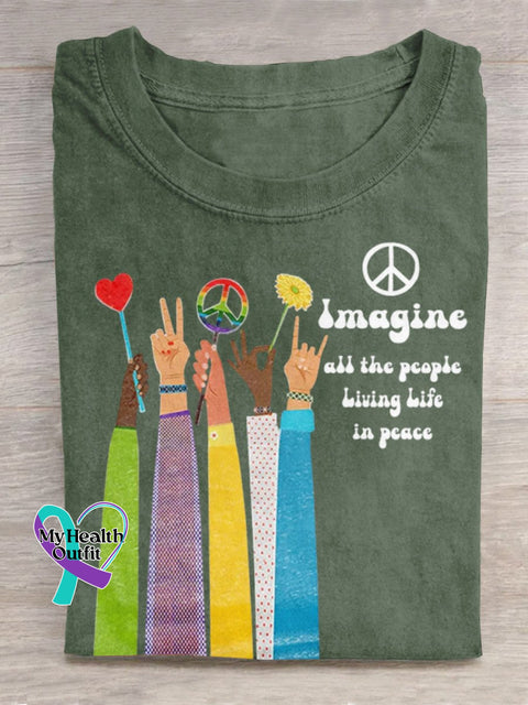 Imagine All The People Living Life In Peace Art Print Casual T-Shirt Green / S