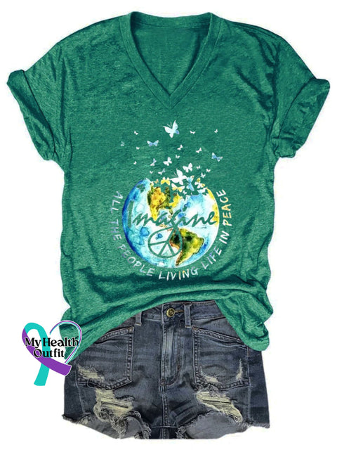 Imagine All The People Living Life In Peace Art Print Casual T-Shirt Green / S