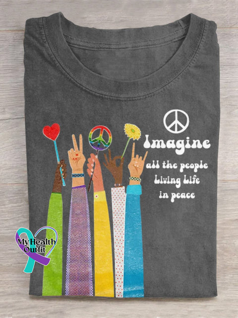 Imagine All The People Living Life In Peace Art Print Casual T-Shirt Grey / S