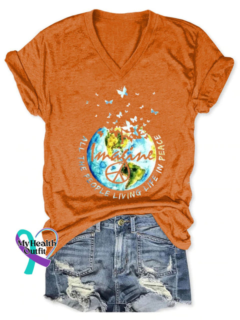 Imagine All The People Living Life In Peace Art Print Casual T-Shirt Orange / S
