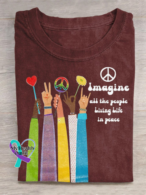 Imagine All The People Living Life In Peace Art Print Casual T-Shirt Red / S