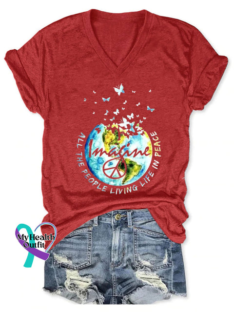 Imagine All The People Living Life In Peace Art Print Casual T-Shirt Red / S