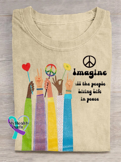 Imagine All The People Living Life In Peace Art Print Casual T-Shirt Sand / S
