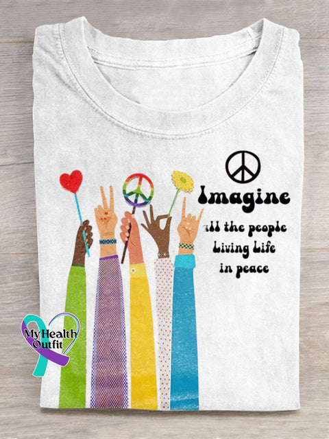 Imagine All The People Living Life In Peace Art Print Casual T-Shirt White / S