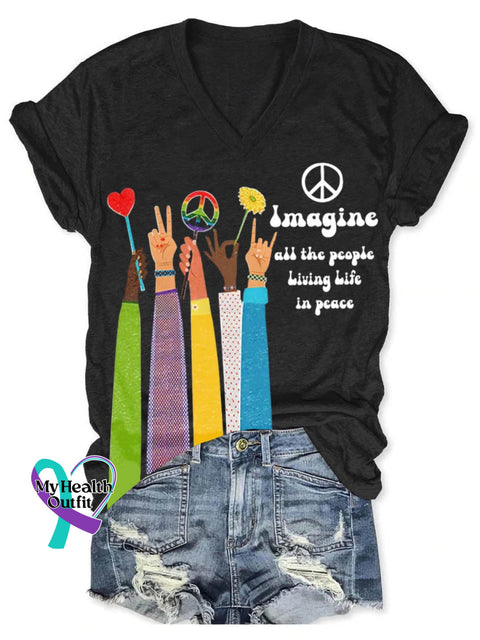 Imagine All The People Living Life In Peace Art Print V-Neck Casual T-Shirt Black / S