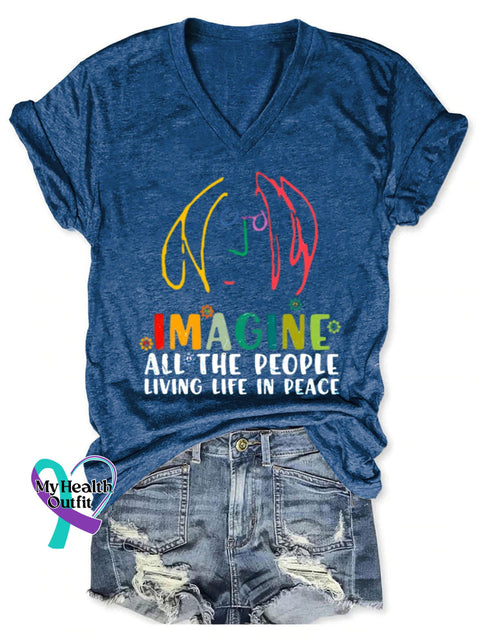 Imagine All The People Living Life In Peace Art Print V-Neck Casual T-Shirt Blue / S