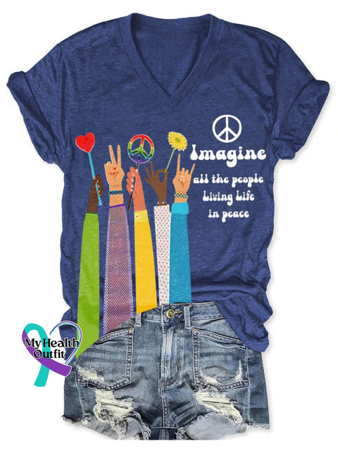 Imagine All The People Living Life In Peace Art Print V-Neck Casual T-Shirt Blue / S