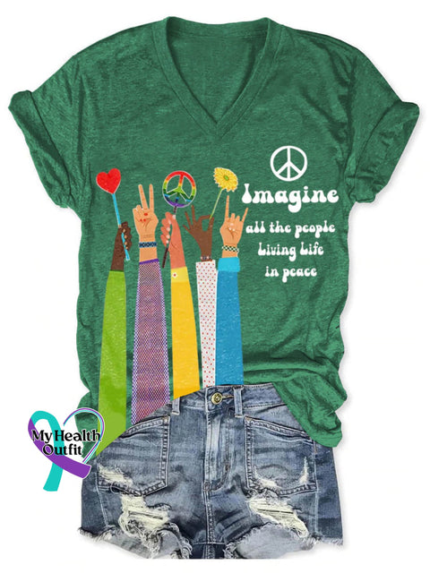 Imagine All The People Living Life In Peace Art Print V-Neck Casual T-Shirt Green / S