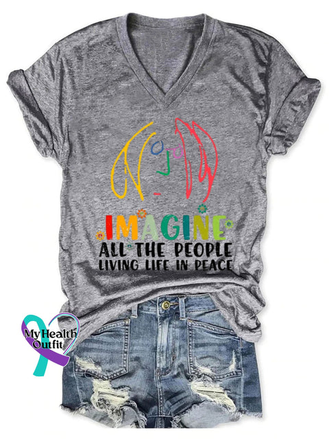 Imagine All The People Living Life In Peace Art Print V-Neck Casual T-Shirt Grey / S