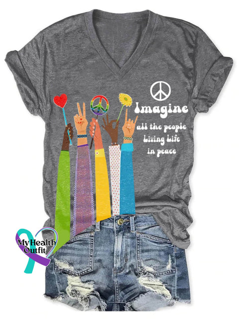 Imagine All The People Living Life In Peace Art Print V-Neck Casual T-Shirt Grey / S