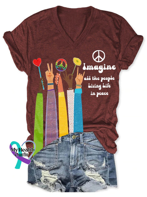 Imagine All The People Living Life In Peace Art Print V-Neck Casual T-Shirt Red / S