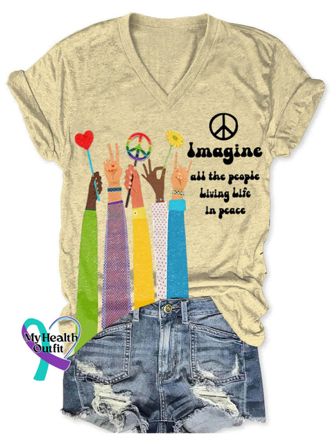 Imagine All The People Living Life In Peace Art Print V-Neck Casual T-Shirt Sand / S