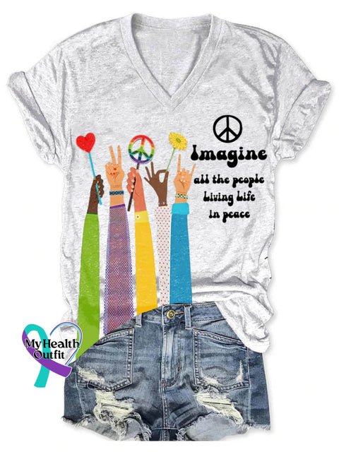 Imagine All The People Living Life In Peace Art Print V-Neck Casual T-Shirt White / S
