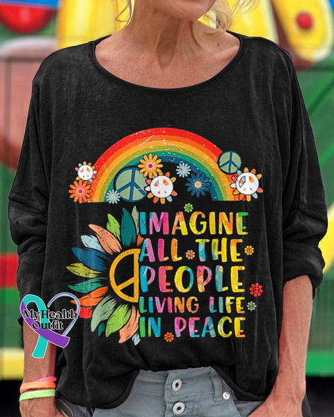 Imagine All The People Living Life In Peace Printed Crew Neck Women’s T-Shirt Black / S
