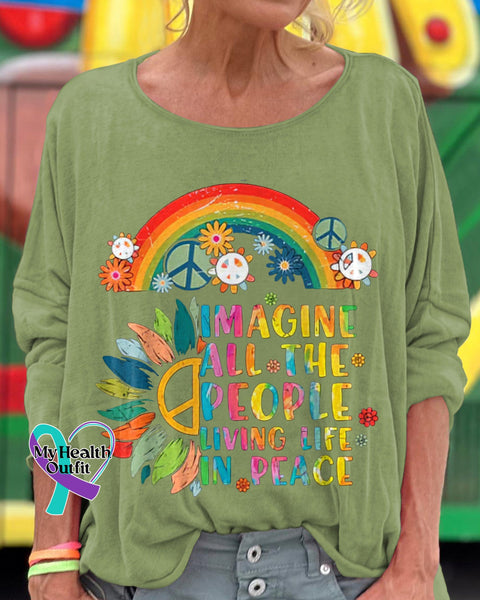 Imagine All The People Living Life In Peace Printed Crew Neck Women’s T-Shirt Dark Olive Green / S