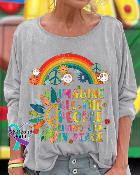 Imagine All The People Living Life In Peace Printed Crew Neck Women’s T-Shirt Light Gray / S