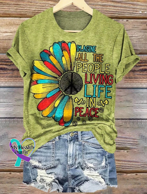 Imagine All The People Living Life In Peace Printed Crew Neck Women’s T-Shirt Yellow Green / S