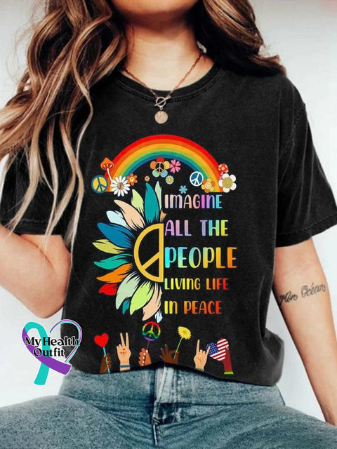 Imagine All The People Living Life In Peace Rainbow Art Print Casual T-Shirt Black / S