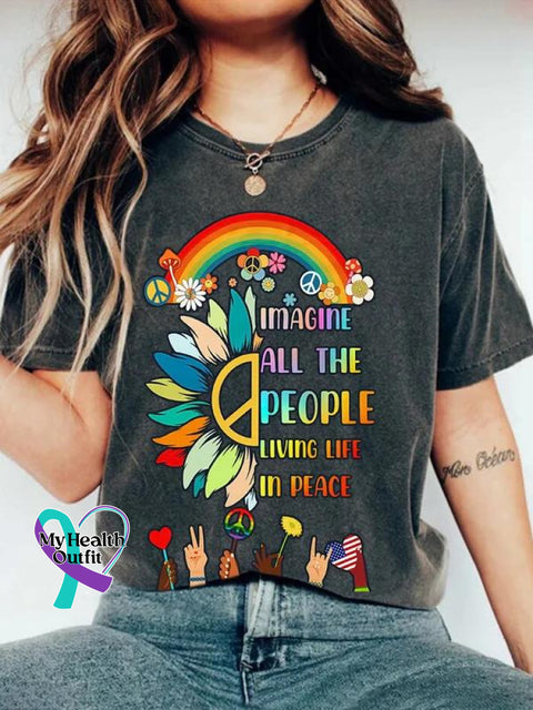 Imagine All The People Living Life In Peace Rainbow Art Print Casual T-Shirt Grey / S