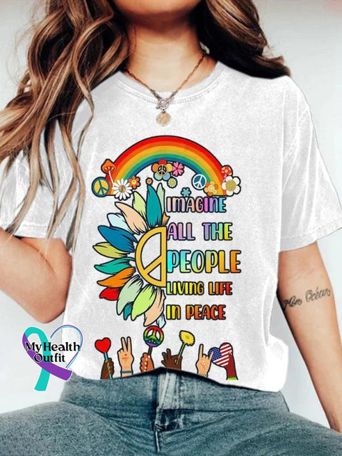 Imagine All The People Living Life In Peace Rainbow Art Print Casual T-Shirt White / S