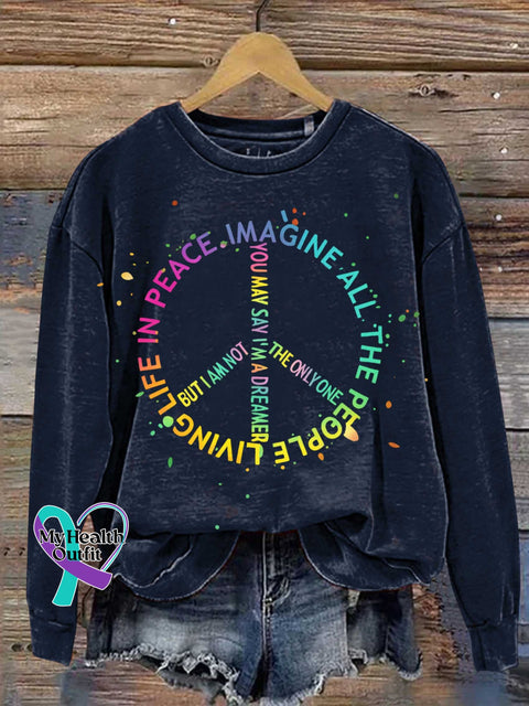 IMAGINE ALL THE PEOPLE LIVING LIFE IN PEACE Peace Sign Print Casual Sweatshirt Blue / S