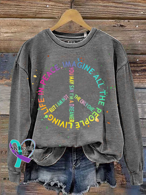 IMAGINE ALL THE PEOPLE LIVING LIFE IN PEACE Peace Sign Print Casual Sweatshirt Grey / S