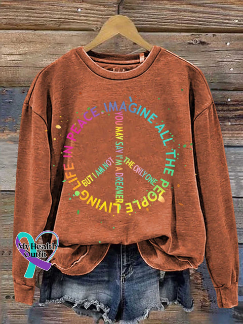 IMAGINE ALL THE PEOPLE LIVING LIFE IN PEACE Peace Sign Print Casual Sweatshirt Orange / S