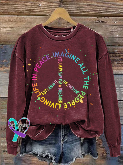 IMAGINE ALL THE PEOPLE LIVING LIFE IN PEACE Peace Sign Print Casual Sweatshirt Red / S