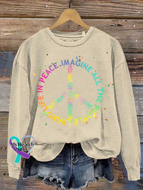 IMAGINE ALL THE PEOPLE LIVING LIFE IN PEACE Peace Sign Print Casual Sweatshirt Sand / S