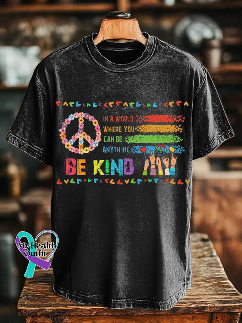 IN A WORLD WHERE YOU CAN BE ANYTHING BE KIND Peace Sign T-shirt Black / S