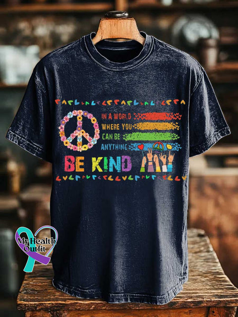IN A WORLD WHERE YOU CAN BE ANYTHING BE KIND Peace Sign T-shirt Blue / S