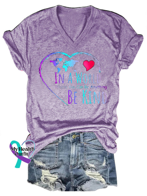 In A World Where You Can Be Anything Be Kind Printed Casual Round Neck Short Sleeve T-Shirt Purple / S