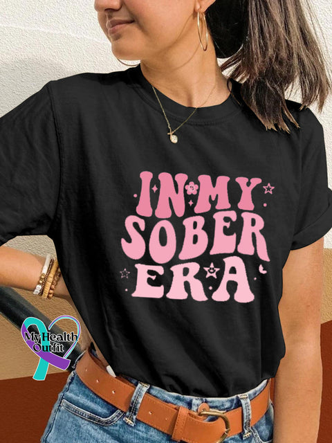 In My Sobriety Era Alcohol Awareness Print Casual Crew Neck Short Sleeve T-Shirt Black / S