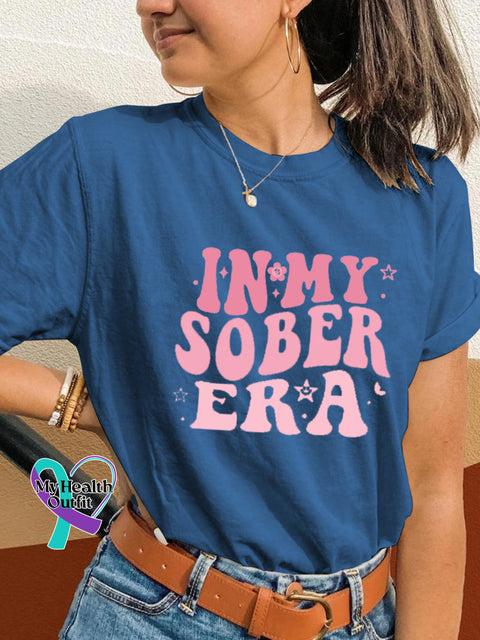 In My Sobriety Era Alcohol Awareness Print Casual Crew Neck Short Sleeve T-Shirt Blue / S