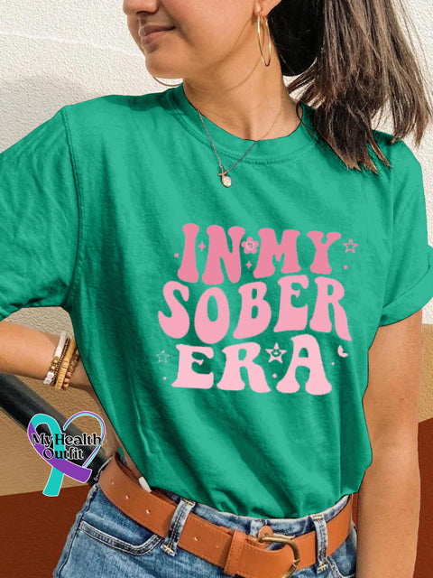 In My Sobriety Era Alcohol Awareness Print Casual Crew Neck Short Sleeve T-Shirt Green / S